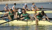 22 August 2004; Exhausted members of the Irish team, from left, Richard Archibald, Eugene Coakley, Niall O'Toole and Paul Griffin after crossing the finish line and finishing 6th in the Final of the Men's Lightweight Coxless Fours in a time of 6.09.96. Schinias Olympic Rowing Centre. Games of the XXVIII Olympiad, Athens Summer Olympics Games 2004, Athens, Greece. Picture credit; Brendan Moran / SPORTSFILE