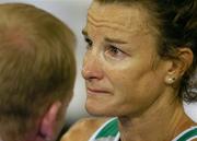 23 August 2004; A tearful Sonia O'Sullivan of Ireland after finishing last in the Final of the Women's 5000m. Olympic Stadium. Games of the XXVIII Olympiad, Athens Summer Olympics Games 2004, Athens, Greece. Picture credit; Brendan Moran / SPORTSFILE