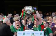 22 September 2013; Mayo's Michael Hall, left, and Liam Irwin lift the Tom Markham cup. Electric Ireland GAA Football All-Ireland Minor Championship Final, Tyrone v Mayo, Croke Park, Dublin. Picture credit: Ray McManus / SPORTSFILE