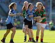 22 September 2013; Sarah Cusack, from Ballyvary N.S. Castlebar, Mayo, representing Mayo, in action against Joyce Keegan-McNally, from St. Pius Girls N.S. Terenure, Dublin, left, and Niamh Beirne, from St. Manchan's N.S. Mohill, Leitrim, representing Dublin. INTO/RESPECT Exhibition GoGames during the GAA Football All-Ireland Senior Championship Final between Dublin and Mayo, Croke Park, Dublin. Picture credit: Ray McManus / SPORTSFILE