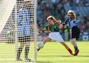22 September 2013; Angela Loughran, from St. Mary's P.S. Craigavon, Armagh, representing Mayo, in action against Helena McGee, from Scoil Naomh Fíonnán, Falcarragh, Donegal, right, and Tilly Clarke, from St. Joseph's P.S. Lisburn, Antrim, representing Dublin. INTO/RESPECT Exhibition GoGames during the GAA Football All-Ireland Senior Championship Final between Dublin and Mayo, Croke Park, Dublin. Picture credit: Ray McManus / SPORTSFILE