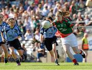 22 September 2013; Niamh Meehan, from St. Joseph's P.S. Belfast, Antrim, representing Mayo, in action against Niamh Beirne, from St. Manchan's N.S. Mohill, Leitrim, and Sinéad O'Neill, from St. Matthews N.S. Ballymahon, Longford, left, representing Dublin. INTO/RESPECT Exhibition GoGames during the GAA Football All-Ireland Senior Championship Final between Dublin and Mayo, Croke Park, Dublin. Picture credit: Ray McManus / SPORTSFILE