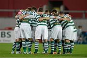 24 September 2013 The Shamrock Rovers team gather together in a huddle before the game. Airtricity League Premier Division, Limerick FC v Shamrock Rovers, Thomond Park, Limerick. Picture credit: Diarmuid Greene / SPORTSFILE