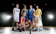 25 September 2013; Basketball Ireland stars, front row, Edel Thornton, Singleton SuperValu Brunell, left, and Lindsay Peat, DCU Mercy, with, back row, from left, Paul Dick, Belfast Star, Neil Campbell, UL Eagles, Ciaran O'Sullivan, UCC Deamons, and Conor Meany, UCD Marian, during the launch of the Basketball Ireland 2013/2014 Season at the National Basketball Arena, Tallaght, Dublin. Picture credit: Stephen McCarthy / SPORTSFILE