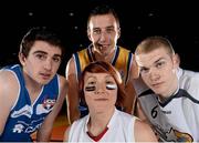 25 September 2013; Lindsay Peat, DCU Mercy, with, from left, Ciaran O'Sullivan, UCC Deamons, Neil Campbell, UL Eagles, and Paul Dick, Belfast Star, during the launch of the Basketball Ireland 2013/2014 Season at the National Basketball Arena, Tallaght, Dublin. Picture credit: Stephen McCarthy / SPORTSFILE