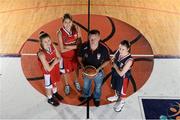 25 September 2013; Singleton SuperValu Brunell coach Kieran O'Leary with players, from left, Edel Thornton, Celia Menéndez and Kathleen Kelleher during the launch of the Basketball Ireland 2013/2014 Season at the National Basketball Arena, Tallaght, Dublin. Picture credit: Stephen McCarthy / SPORTSFILE
