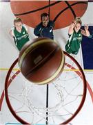 25 September 2013; Meteor's coach Nabil Murad with Katie Ganser, left, and Beth Meany during the launch of the Basketball Ireland 2013/2014 Season at the National Basketball Arena, Tallaght, Dublin. Picture credit: Stephen McCarthy / SPORTSFILE