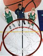 25 September 2013; Meteor's coach Nabil Murad with Katie Ganser, left, and Beth Meany during the launch of the Basketball Ireland 2013/2014 Season at the National Basketball Arena, Tallaght, Dublin. Picture credit: Stephen McCarthy / SPORTSFILE
