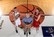 25 September 2013; Swords Thunder coach David Baker with Michael Goj, left, and Kevin Lacey during the launch of the Basketball Ireland 2013/2014 Season at the National Basketball Arena, Tallaght, Dublin. Picture credit: Stephen McCarthy / SPORTSFILE