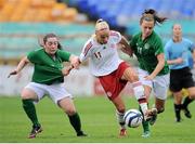 26 September 2013; Stine Larsen, Denmark, in action against Gemma McGuinness, left, and Katie McCabe, Republic of Ireland. UEFA Women’s U19 First Qualifying Round Group 2, Republic of Ireland v Denmark, Tolka Park, Dubin. Picture credit: Pat Murphy / SPORTSFILE