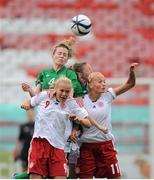 26 September 2013; Lauren Dwyer, Republic of Ireland, supported by team-mate Lisa Casserly, right, wins possession against Denmark's Sarah Hansen, left, and Stine Larsen. UEFA Women’s U19 First Qualifying Round Group 2, Republic of Ireland v Denmark, Tolka Park, Dublin. Picture credit: Pat Murphy / SPORTSFILE