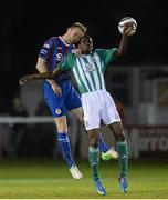 26 September 2013; Aidan Price, St. Patrick's Athletic, in action against Ismahil Akinade, Bray Wanderers. Airtricity League Premier Division, Bray Wanderers v St. Patrick's Athletic, Carlisle Grounds, Bray, Co. Wicklow. Picture credit: Matt Browne / SPORTSFILE