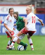 26 September 2013; Amy O'Connor, Republic of Ireland, in action against Anna Frisker, left, and Stine Larsen, Denmark. UEFA Women’s U19 First Qualifying Round Group 2, Republic of Ireland v Denmark, Tolka Park, Dublin. Picture credit: Pat Murphy / SPORTSFILE