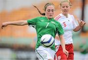 26 September 2013; Amy O'Connor, Republic of Ireland, in action against Louise Ringsing, Denmark. UEFA Women’s U19 First Qualifying Round Group 2, Republic of Ireland v Denmark, Tolka Park, Dublin. Picture credit: Pat Murphy / SPORTSFILE