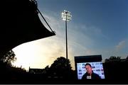 27 September 2013; Leinster Head Coach Matt O'Connor is interviewed before the game. Celtic League 2013/14, Round 4, Leinster v Cardiff Blues, RDS, Ballsbridge, Dublin. Picture credit; Brendan Moran / SPORTSFILE