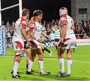 27 September 2013; Michael Allen, Ulster, centre, is congratulated by Chris Henry, left, and Rory Best, after scoring his sides second try. Celtic League 2013/14, Round 4, Ulster v Benetton Treviso, Ravenhill, Belfast, Co. Antrim. Picture credit: Oliver McVeigh / SPORTSFILE