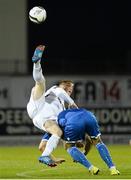 27 September 2013; Philip Gorman, Athlone Town, in action against Gavin Kavanagh, Waterford United. Airtricity League First Division, Athlone Town v Waterford United, Athlone Town Stadium, Lissywoollen, Athlone, Co. Westmeath. Picture credit: David Maher / SPORTSFILE