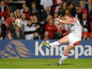 27 September 2013; Paddy Jackson, Ulster, kicks a penalty. Celtic League 2013/14, Round 4, Ulster v Benetton Treviso, Ravenhill, Belfast, Co. Antrim. Picture credit: Oliver McVeigh / SPORTSFILE
