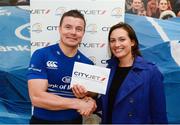 27 September 2013; Leinster's Brian O'Driscoll is presented with the Most Valued Player, sponsored by Cityjet, award by Helen Breen, City Jet, Marketing & Partnerships Manager. Celtic League 2013/14, Round 4, Leinster v Cardiff Blues, RDS, Ballsbridge, Dublin. Picture credit: Stephen McCarthy / SPORTSFILE