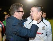 27 September 2013; Athlone Town manager Roddy Collins celebrates with his son Roddy Jnr. after his side's victory. Airtricity League First Division, Athlone Town v Waterford United, Athlone Town Stadium, Lissywoollen, Athlone, Co. Westmeath. Picture credit: David Maher / SPORTSFILE
