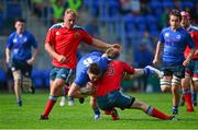 28 September 2013; Tom Cuddihy, Leinster, is tacked by Josh Barnes, Munster. Under 18 Club Interprovincial, Leinster v Munster, Donnybrook Stadium, Donnybrook, Dublin. Picture credit: Barry Cregg / SPORTSFILE