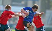28 September 2013; Conor Farrell, Leinster, is tacked by Sylan Power, left, Karl Madden and Isacc Mansfield Daly, Munster. Under 18 Club Interprovincial, Leinster v Munster, Donnybrook Stadium, Donnybrook, Dublin. Picture credit: Barry Cregg / SPORTSFILE