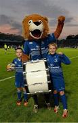 27 September 2013; Mascots Jamie McLoughlin, age 10, from Old Belvedere RFC, right, and Charlie Redmond Murray, age 8, from St Colmcilles SNS, Knocklyon, with Leinster's Leo The Lion before the game. Celtic League 2013/14, Round 4, Leinster v Cardiff Blues, RDS, Ballsbridge, Dublin. Picture credit: Stephen McCarthy / SPORTSFILE