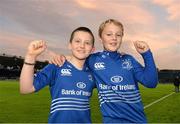 27 September 2013; Mascots Jamie McLoughlin, age 10, from Old Belvedere RFC, right, and Charlie Redmond Murray, age 8, from St Colmcilles SNS, Knocklyon, before the game. Celtic League 2013/14, Round 4, Leinster v Cardiff Blues, RDS, Ballsbridge, Dublin. Picture credit: Stephen McCarthy / SPORTSFILE