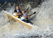 28 September 2013; Declan Halton and Szav Czibere, Salmon Leap Club, in action on the Senior Racing Kayak Double during the 2013 Liffey Descent. Lucan Village, River Liffey, Dublin. Picture credit: Ray Lohan / SPORTSFILE