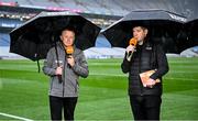 18 October 2024; Football Review Committee member Éamonn Fitzmaurice, right, speaking alongside TG4 presenter Micheál Ó Domhnaill before the Allianz GAA Football Interprovincial Championship semi-final match between Leinster and Connacht at Croke Park in Dublin. Photo by Piaras Ó Mídheach/Sportsfile