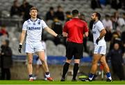 18 October 2024; Johnny Heaney of Connacht speaks to referee Martin McNally for clarification on a foul during the Allianz GAA Football Interprovincial Championship Semi-Final match between Munster and Ulster at Croke Park in Dublin.   Photo by Stephen Marken/Sportsfile