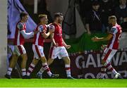 18 October 2024; Aidan Keena of St Patrick's Athletic, second from right, celebrates with team-mates, from left, Kian Leavy, Brandon Kavanagh and Ryan McLaughlin after scoring their side's first goal during the SSE Airtricity Men's Premier Division match between St Patrick's Athletic and Galway United at Richmond Park in Dublin. Photo by Tyler Miller/Sportsfile