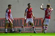 18 October 2024; Aidan Keena of St Patrick's Athletic, centre, celebrates with team-mates Kian Leavy, left, and Brandon Kavanagh after scoring their side's first goal during the SSE Airtricity Men's Premier Division match between St Patrick's Athletic and Galway United at Richmond Park in Dublin. Photo by Tyler Miller/Sportsfile