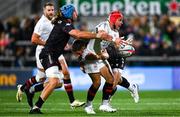 18 October 2024; Mike Lowry of Ulster is tackled by Owen Williams of Ospreys during the United Rugby Championship match between Ulster and Ospreys at Kingspan Stadium in Belfast. Photo by Shauna Clinton/Sportsfile