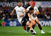 18 October 2024; Mike Lowry of Ulster in action against Dan Edwards of Ospreys during the United Rugby Championship match between Ulster and Ospreys at Kingspan Stadium in Belfast. Photo by Shauna Clinton/Sportsfile