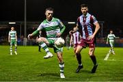 18 October 2024; Jack Byrne of Shamrock Rovers in action against Adam Foley of Drogheda United during the SSE Airtricity Men's Premier Division match between Drogheda United and Shamrock Rovers at Weavers Park in Drogheda, Louth. Photo by Seb Daly/Sportsfile