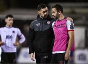 18 October 2024; Robbie Benson of Dundalk is consoled by Patrick Hoban of Derry City after the SSE Airtricity Men's Premier Division match between Dundalk and Derry City at Oriel Park in Dundalk, Louth. Photo by Ben McShane/Sportsfile