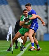 19 October 2024; James McCarthy of Leinster is tackled by Colm O Callaghan of Munster during the Allianz GAA Football Interprovincial Championship Shield Final match between Leinster and Munster at Croke Park in Dublin. Photo by Shauna Clinton/Sportsfile
