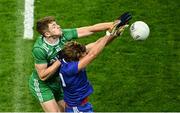 19 October 2024; Kevin Feely of Leinster in action against Ian Maguire of Munster during the Allianz GAA Football Interprovincial Championship Shield Final match between Leinster and Munster at Croke Park in Dublin. Photo by Piaras Ó Mídheach/Sportsfile