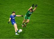 19 October 2024; James Naughton of Munster in action against Ronan Jones of Leinster during the Allianz GAA Football Interprovincial Championship Shield Final match between Leinster and Munster at Croke Park in Dublin. Photo by Piaras Ó Mídheach/Sportsfile