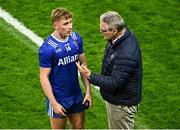 19 October 2024; Uachtarán Chumann Lúthchleas Gael Jarlath Burns in conversation with Mark Stokes of Munster after the Allianz GAA Football Interprovincial Championship Shield Final match between Leinster and Munster at Croke Park in Dublin. Photo by Piaras Ó Mídheach/Sportsfile