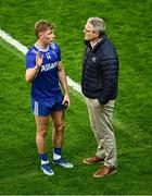 19 October 2024; Uachtarán Chumann Lúthchleas Gael Jarlath Burns in conversation with Mark Stokes of Munster after the Allianz GAA Football Interprovincial Championship Shield Final match between Leinster and Munster at Croke Park in Dublin. Photo by Piaras Ó Mídheach/Sportsfile