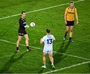 19 October 2024; Ulster goalkeeper Niall Morgan gives the ball to Diarmuid Murtagh of Connacht for a Connacht free during the Allianz GAA Football Interprovincial Championship Final match between Connacht and Ulster at Croke Park in Dublin. Photo by Piaras Ó Mídheach/Sportsfile