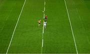19 October 2024; Niall Grimley of Ulster and Aidan O’Shea of Connacht contest a throw in to start a quarter as referee David Coldrick looks on during the Allianz GAA Football Interprovincial Championship Final match between Connacht and Ulster at Croke Park in Dublin. Photo by Piaras Ó Mídheach/Sportsfile