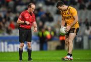 19 October 2024; Referee David Coldrick points out the penalty spot to Aidan Forker of Ulster the Allianz GAA Football Interprovincial Championship Final match between Connacht and Ulster at Croke Park in Dublin. Photo by Stephen Marken/Sportsfile
