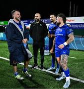 19 October 2024; Connacht defence coach Scott Fardy with Leinster players, from left, Will Connors, Max Deegan and Andrew Porter after the United Rugby Championship match between Connacht and Leinster at Dexcom Stadium in Galway. Photo by Brendan Moran/Sportsfile