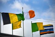 20 October 2024; The flags of, from left, Belmont, Ballinamere, the Irish tricolour, Kilcormac-Killoughey and Brosna Gaels flying in strong wind before the Offaly County Senior Club Hurling Championship final match between Kilcormac-Killoughey and Ballinamere at Glenisk O'Connor Park in Tullamore, Offaly. Photo by Tom Beary/Sportsfile