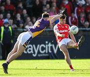 20 October 2024; Niall O’Callaghan of Cuala in action against Michael Mullin of Kilmacud Crokes during the Dublin County Senior Club Football Championship final match between Cuala and Kilmacud Crokes at Parnell Park in Dublin. Photo by Daire Brennan/Sportsfile