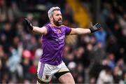 20 October 2024; Cian Ward of Wolfe Tones celebrates after scoring his side's first goal during the Meath County Senior Club Football Championship final match between Wolfe Tones and Dunshaughlin at Páirc Tailteann in Navan, Meath. Photo by Ben McShane/Sportsfile