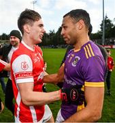 20 October 2024; Craig Dias of Kilmacud Crokes congratulates Michael Fitzsimons of Cuala after the Dublin County Senior Club Football Championship final match between Cuala and Kilmacud Crokes at Parnell Park in Dublin. Photo by Daire Brennan/Sportsfile